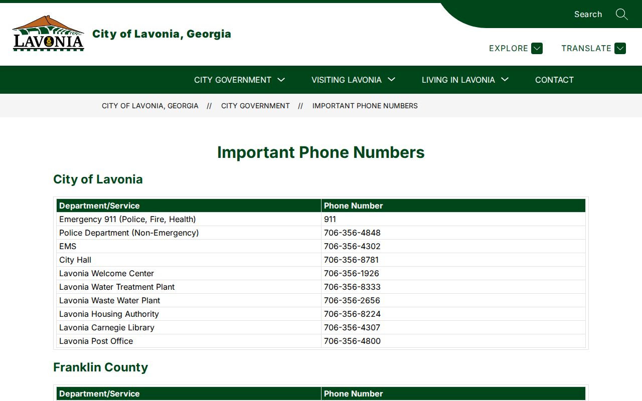 Lavonia official directory with city court police and county contact routes