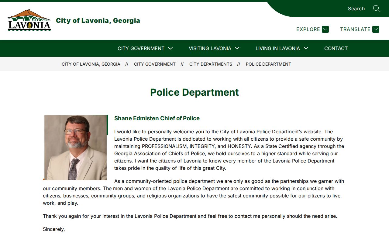 Lavonia Police Department official records and city contact page