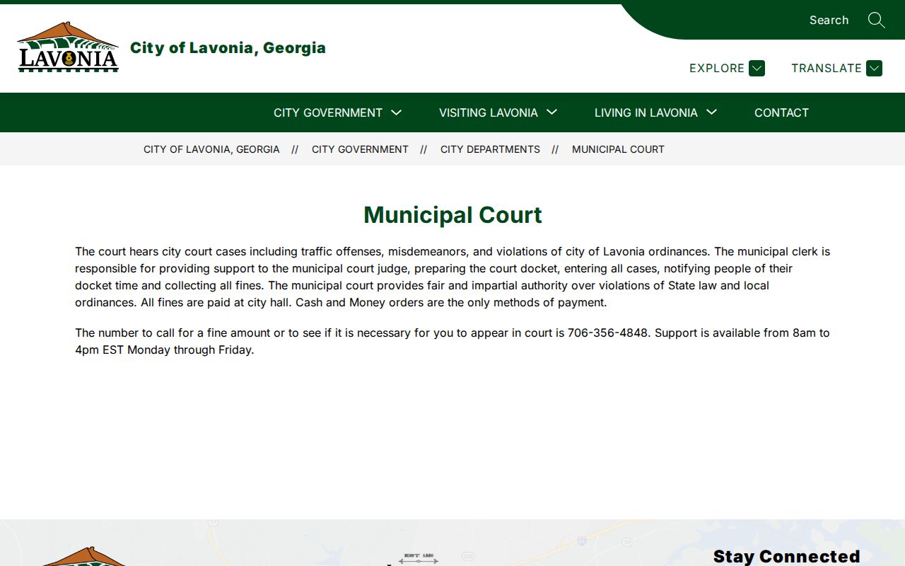 Official Lavonia Municipal Court navigation and city contact route