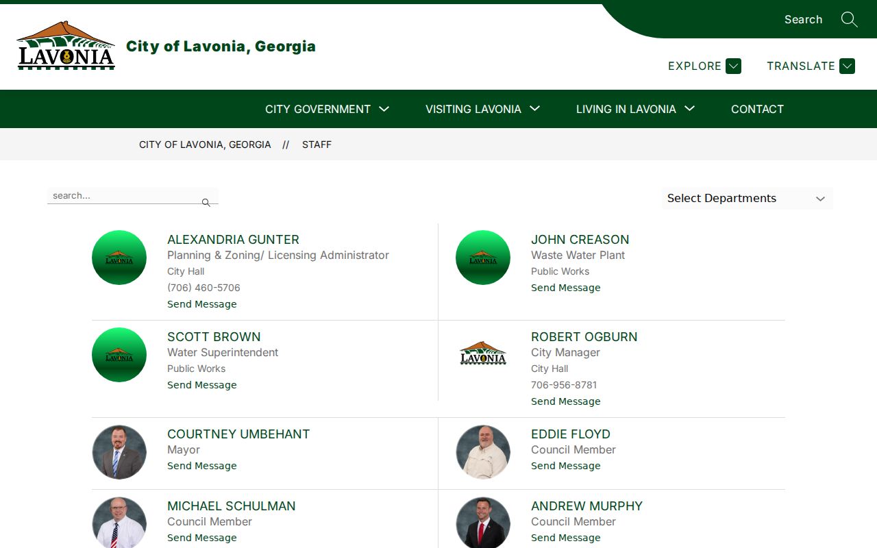 Lavonia city staff directory with Municipal Court and police contacts