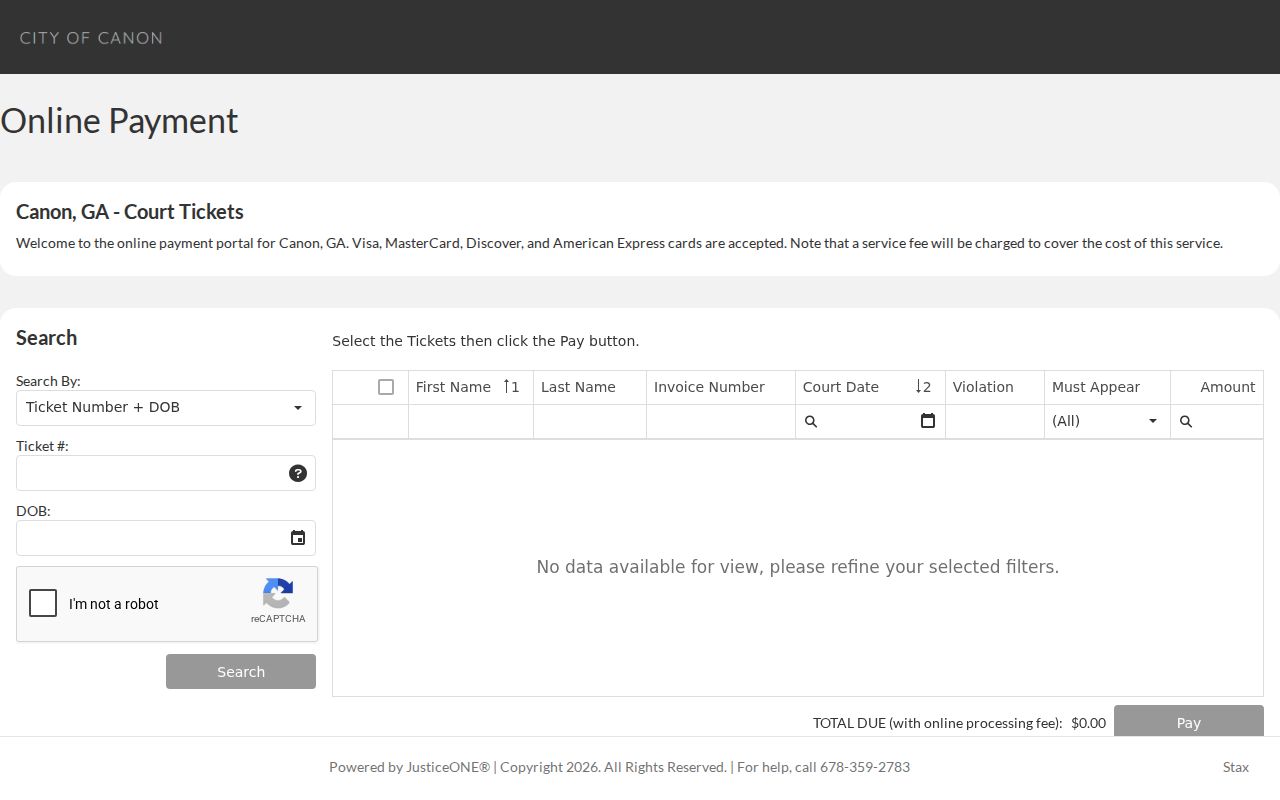 Canon JusticeONE ticket search portal interface
