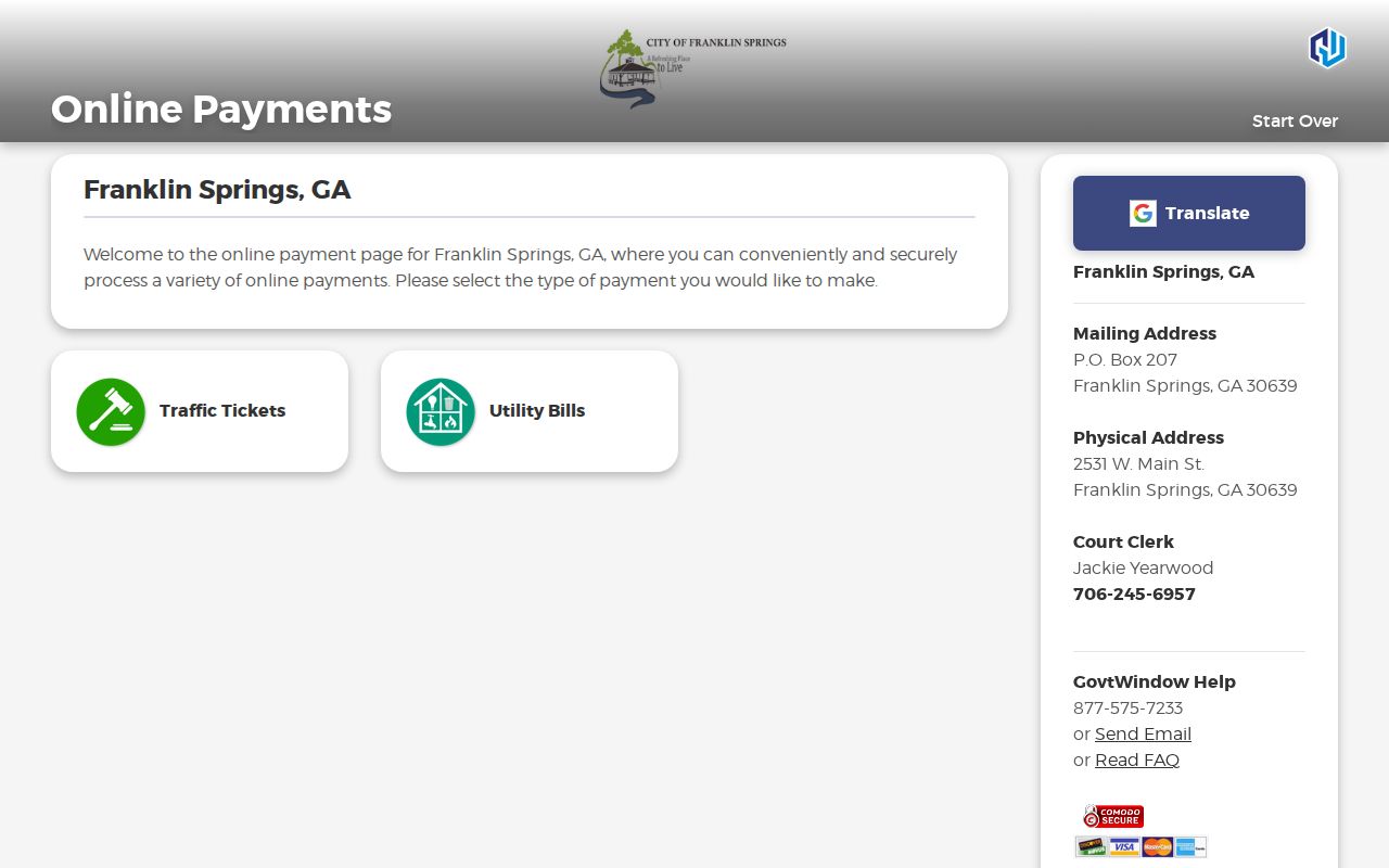 Franklin Springs Government Window traffic ticket payment landing page