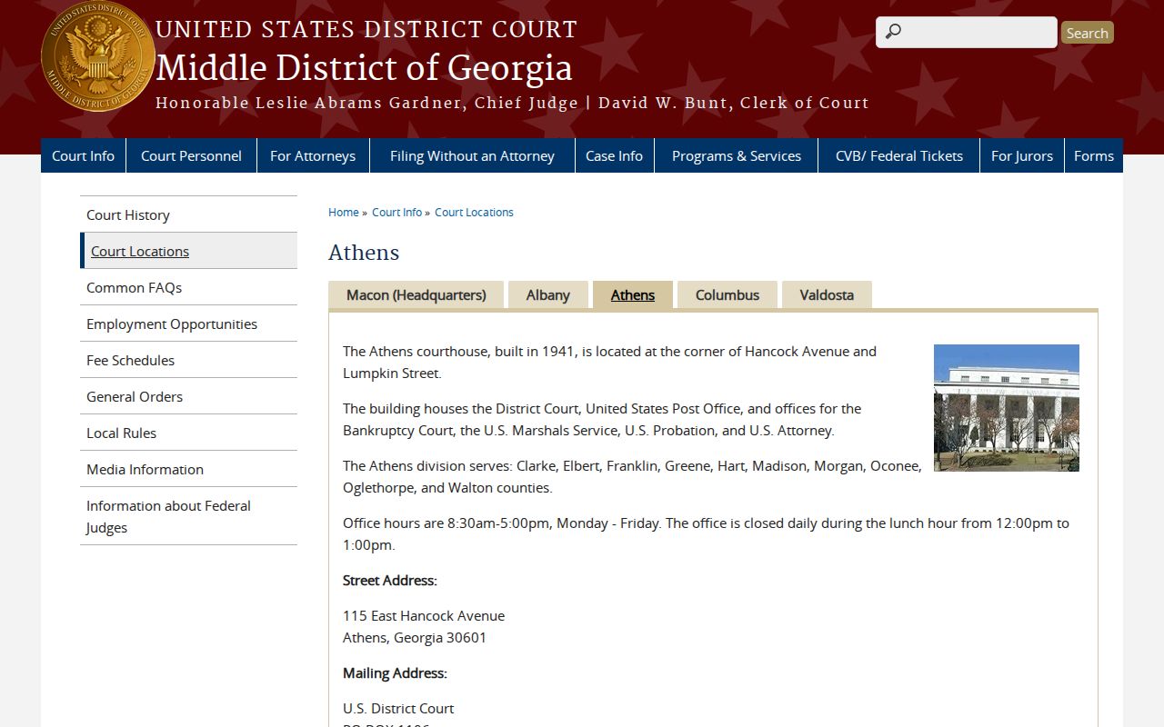 Middle District of Georgia Athens Division federal court contact and service counties