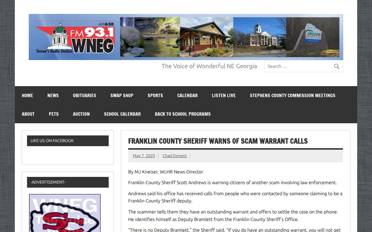 Franklin County Sheriff warning about fraudulent warrant payment calls