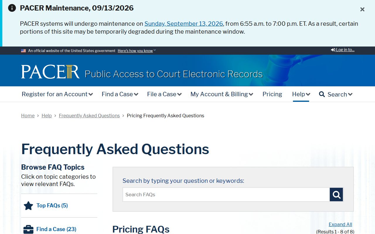 PACER federal court search and document fee information